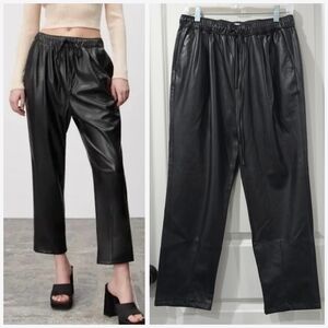 ZARA Nwot Black Faux Leather Straigh Leg Pants, Elastic Drawstring Waist, Size M